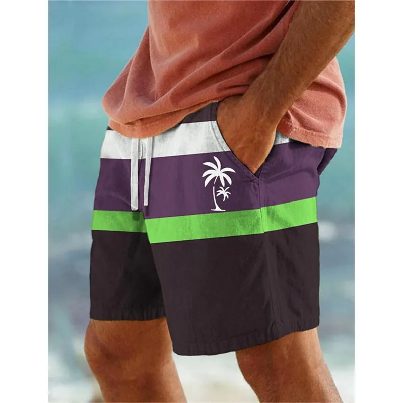 Stripe Palm Tree Pattern Beach Shorts For Men Color Stitching 3D Print Swim Trunks Summer Hawaii Board Shorts Loose Short Pants