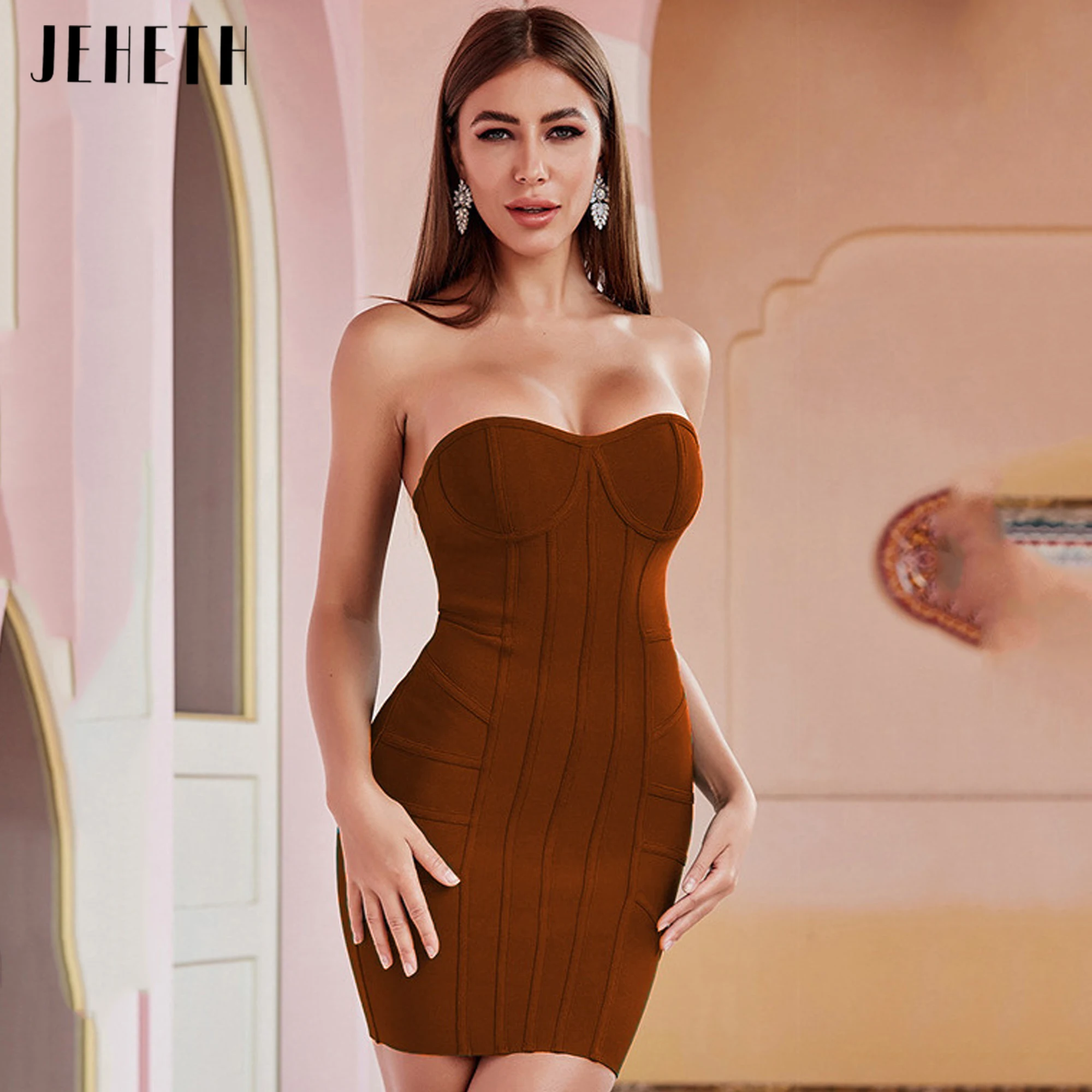 

Dark Brown Prom Dress Hot Selling Women's Sexy Spicy Girl Strapless Bandage Dress Slim Fit Party Evening Dress 2025 Customized