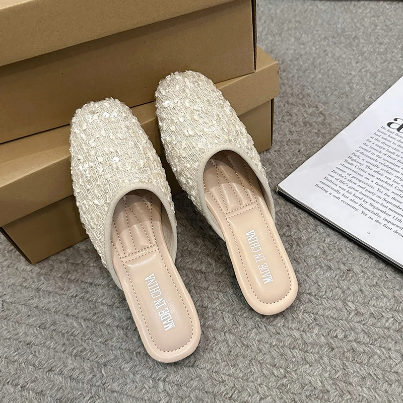 2024 Summers Sequin Women Mules Slippers Luxury Fashion Elegant Pointed Toe Slides Shoes Ladies Dress Flats Sandalias