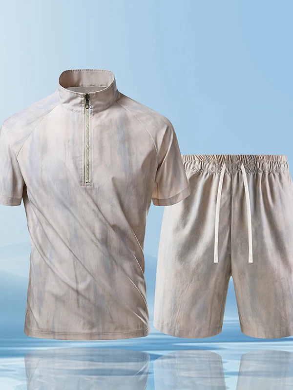 

Summer Camouflage f Zipper Stand Collar ort Sve Men's T-irt Set Loose Fit Five-Quarter Pants Two-Piece Ensemble