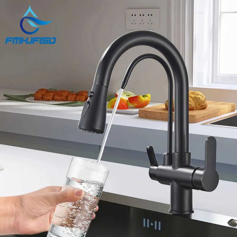 Matte Black Pure Water Kitchen Faucet Dual Handle Hot and Cold Drinking Water Pull Out Kitchen Mixer Taps Deck Mounted Crane
