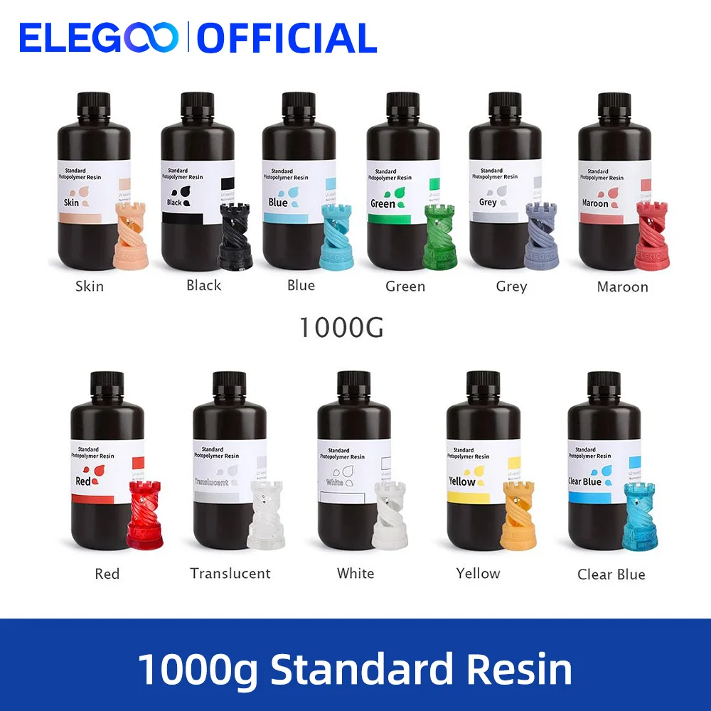 ELEGOO 3D Printer Resin LCD UV-Curing Resin 405nm Standard Photopolymer Resin for LCD 3D Printing 1000g Black Grey White Skin