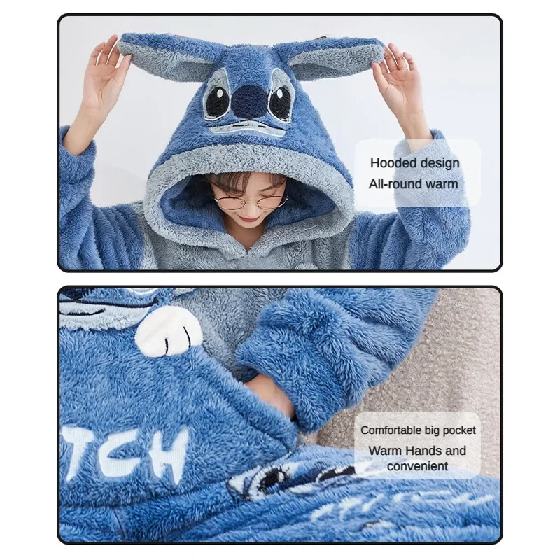 Disney Stitch Pooh Bear Winter Hooded Pajamas Set Men Women Pyjamas Cartoon Flannel Loung Sleepwear Couple Pijama Mujer Homewear