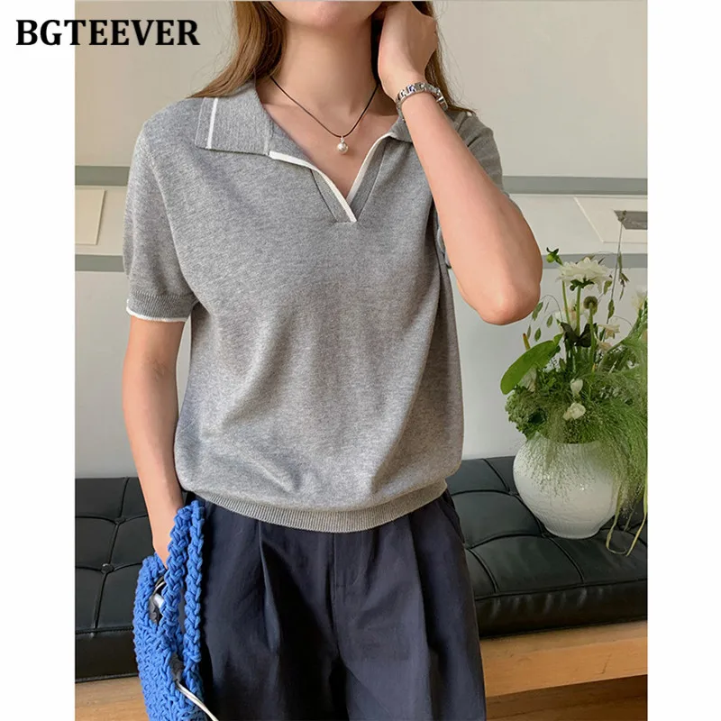 

BGTEEVER Korean style 100% Pure Cotton Short-sleeved Women's T-shirts Polo Collar Loose Slimming Base T-shirt Top