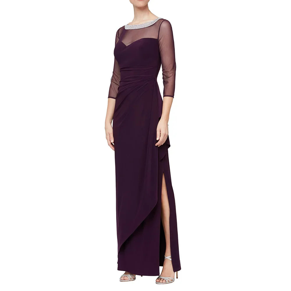 

Customized Elegant O Neck Evenings Women's Long Jersey Mother of The Bride Dress Side Slit with 3/4 Illusion Sleeves 2025