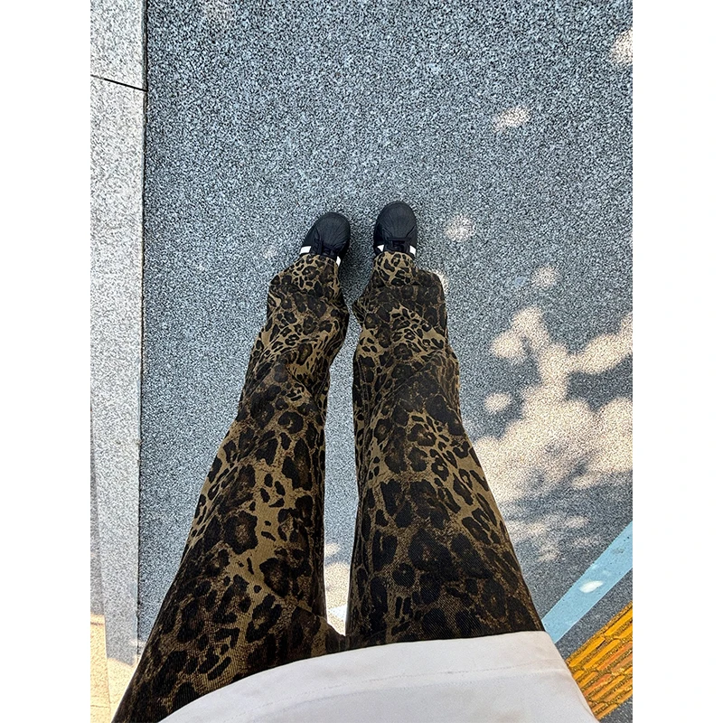 American Retro Leopard Print Men's Jeans Summer 2024 New Wide Leg High Street Cool Boys' Clothing Straight Cut Denim Pants