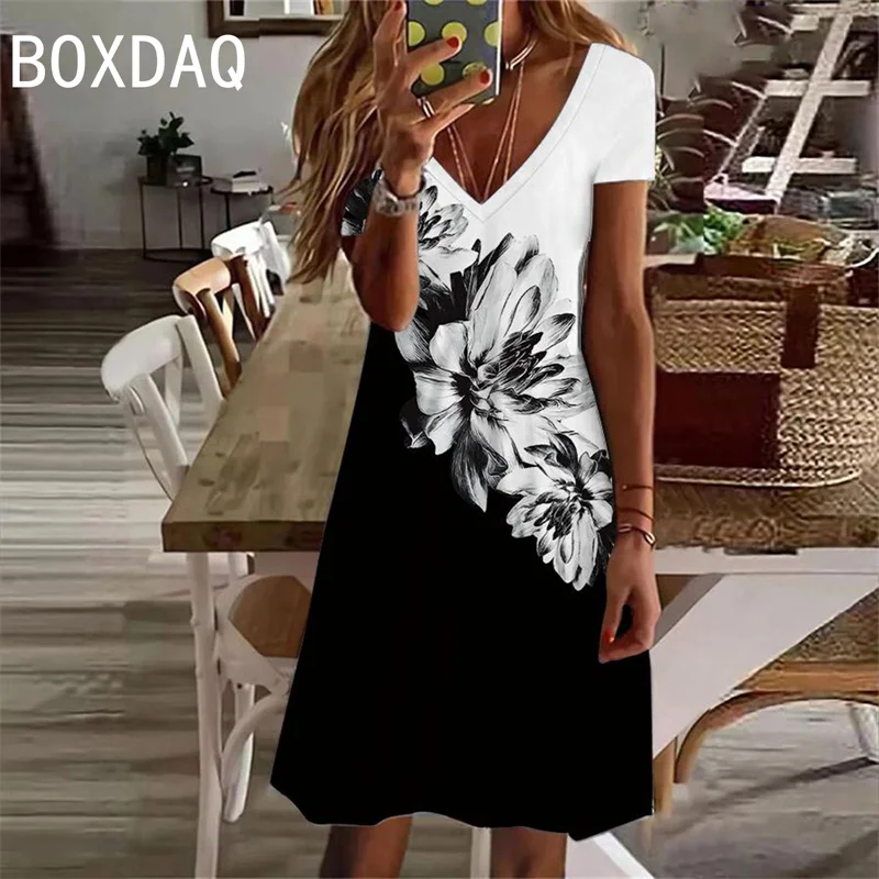 Women Short Sleeve V-Neck Casual Dress 3D Vintage Plant Floral Gradient A-Line Dress Big Size 3XL Female Sundress Vestidos