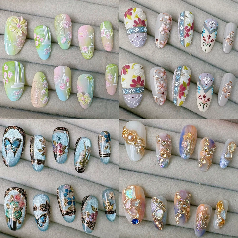 

10Pcs Rhinestones Decoration Detachable Almond False Nails Glistening Auroral Powder Hand-Painted Flower Press On Nails Gift