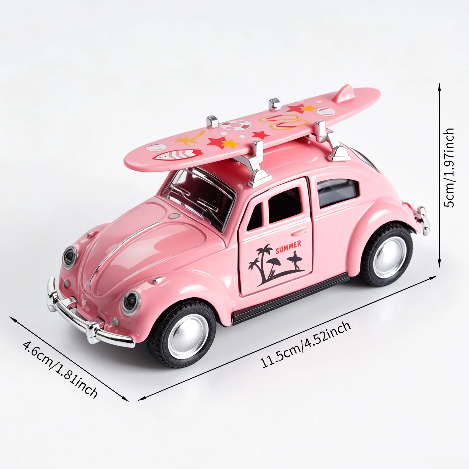 1:36 Pink Volkswagen Beetle Diecast Car with Surfboard, Alloy Pull-Back Model with Open Doors, Retro Summer Beach Toy for Kids view 6
