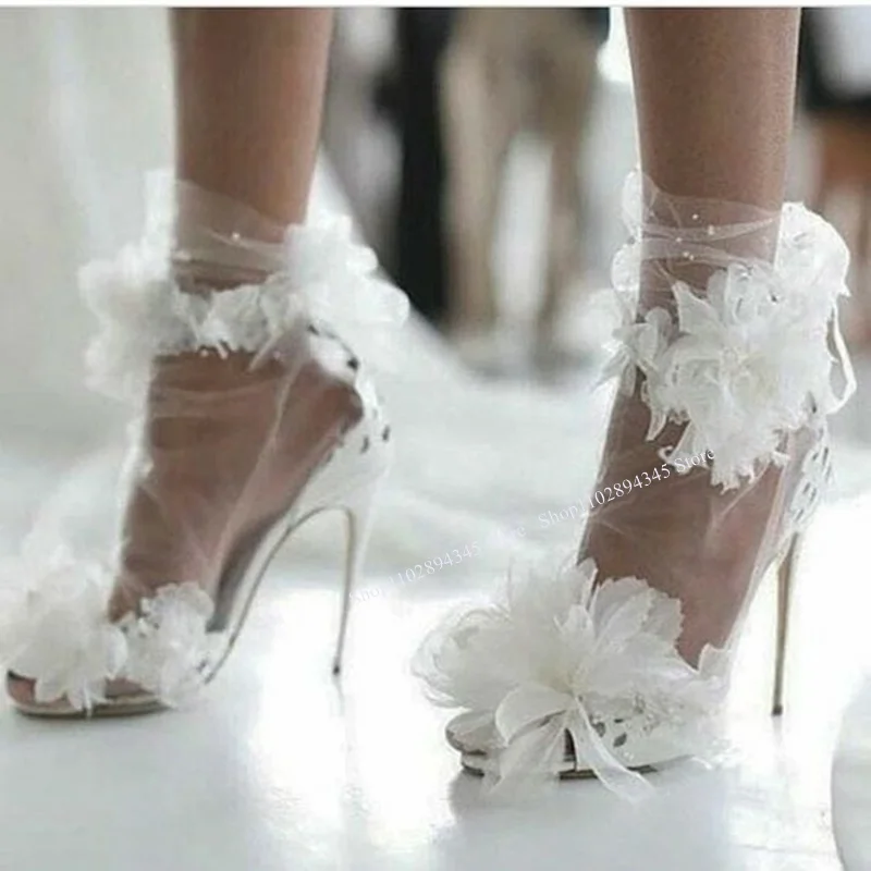 

White Flower Decor Mesh Sandals Thin High Heel Peep Toe Fashion Cool Sexy Novel Style Summer 2024 Woman Shoes Zapatillas Mujer