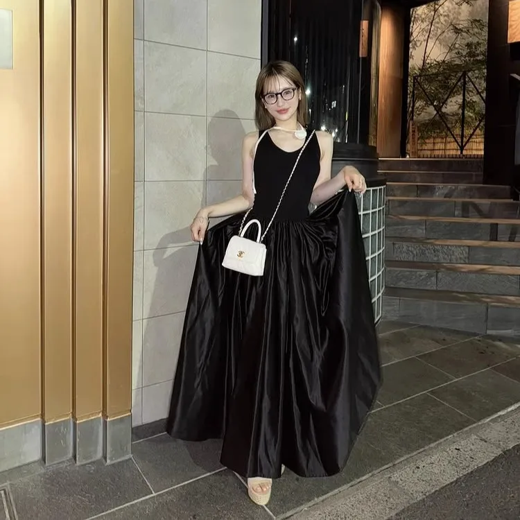 2025 New French Style Elegant Black Knit Patchwork Satin Long Dress Japanese Fashion Sweet Sleeveless Vest Princess Dresses