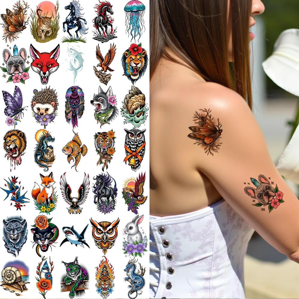 

28 шт., временная татуировка, наклейка в виде акулы, водостойкая долговечная наклейка на тело, наклейка в виде кролика, наклейка с павлиньим пером для мужчин, руки