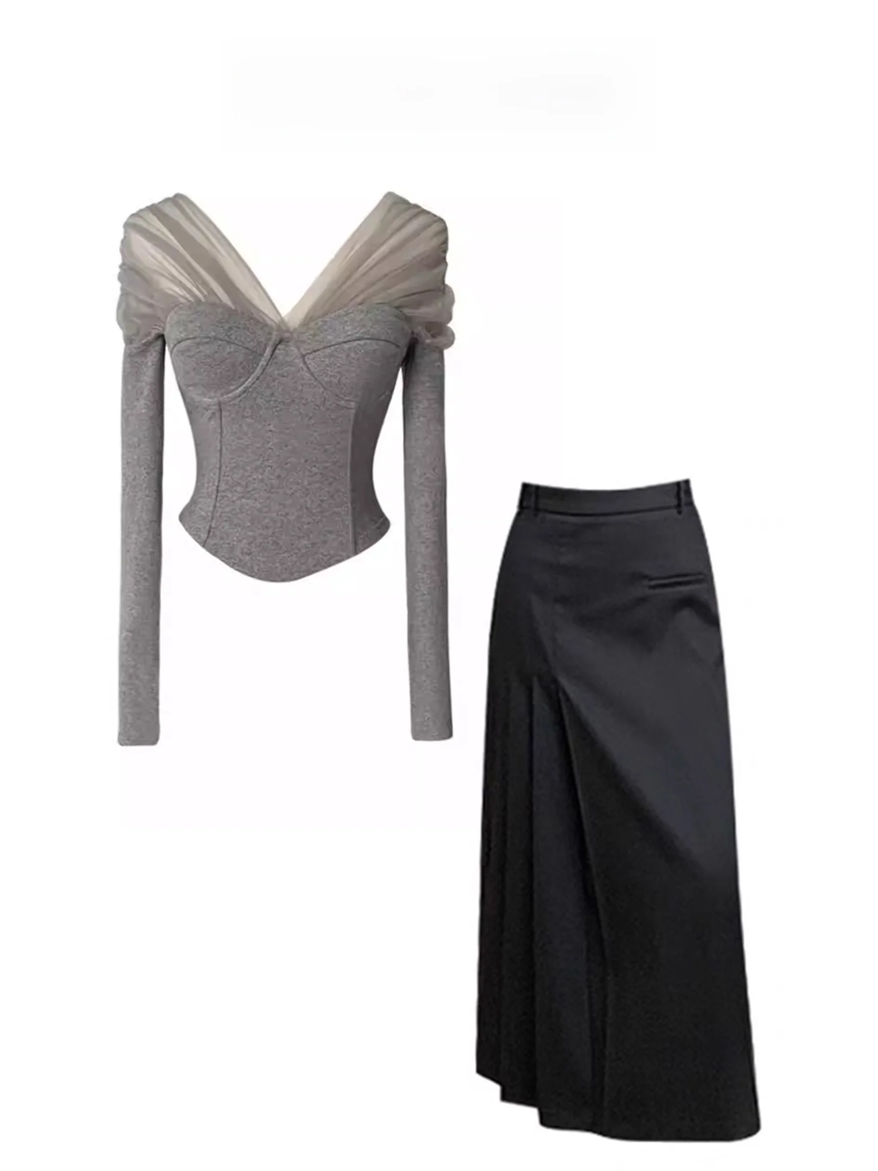 

Fall New Style Spicy Girl Elegant Patchwork Fake Two-Piece Long Sleeve T-Shirt Women's Mid-Length High Waist Skirt Set
