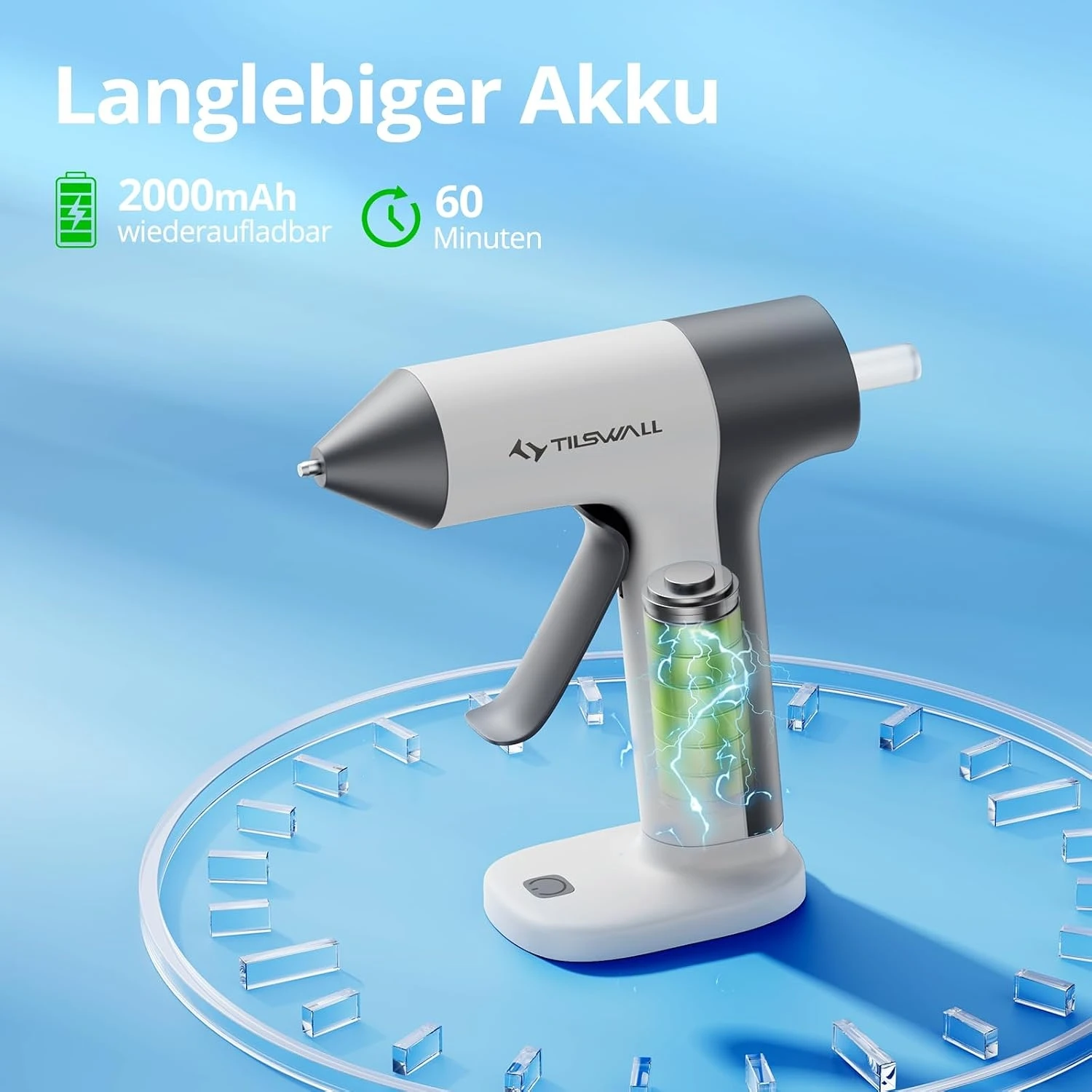 Gordless Heißklebepistole mit 2000-mAh-Akku, Typ-C-Ladefunktion, 20 Stück 7x140-mm-Klebestifte für DIY-Bastelarbeiten und schnelle Reparaturen. – Detail 11