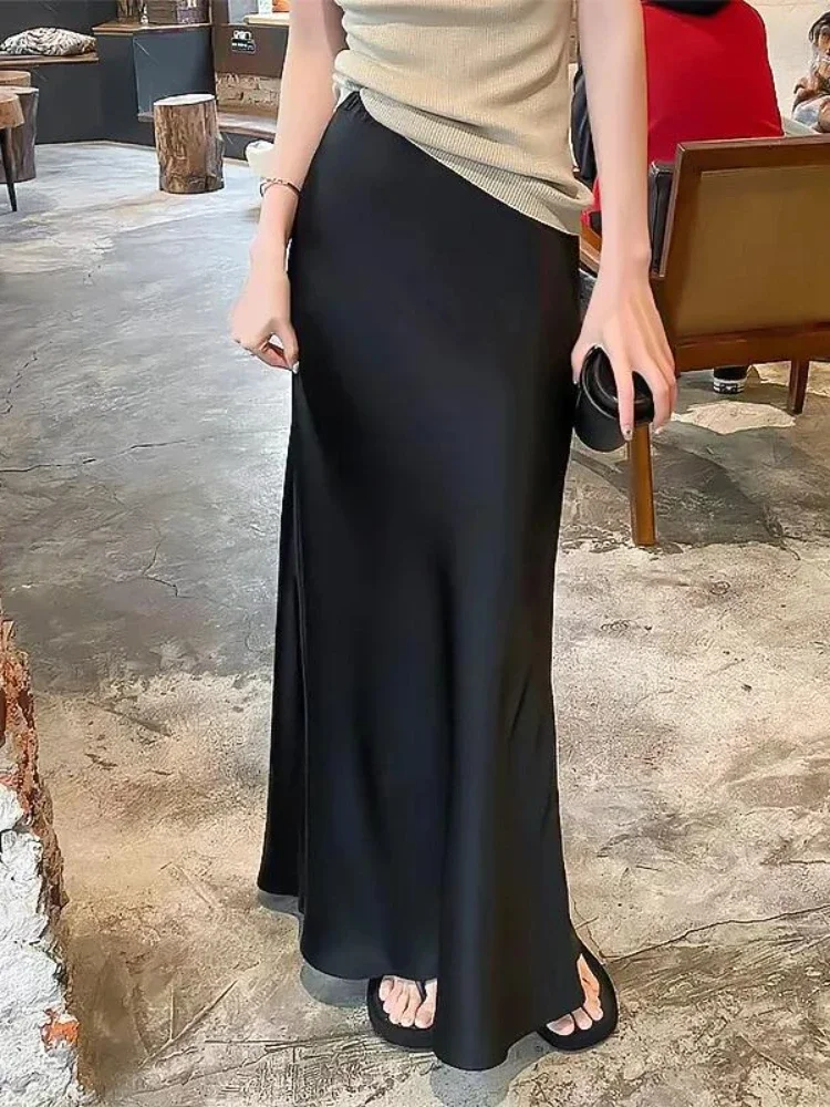 2026 Slim Fashion Korean Women's Long Skirt Summer Silk High Waisted Satin Skirt Solid Champagne Black Midi Skirts for Women