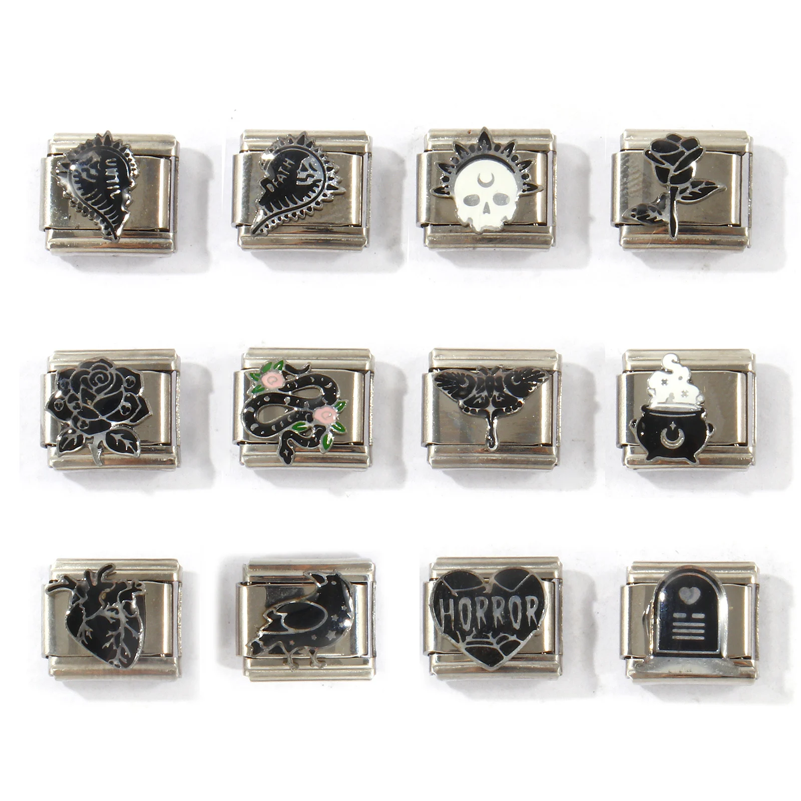 2pcs 304 Stainless Steel Halloween Italian Charm Links Black Enamel For DIY Modular Bracelet Watch Jewelry Making Gift 10x9mm