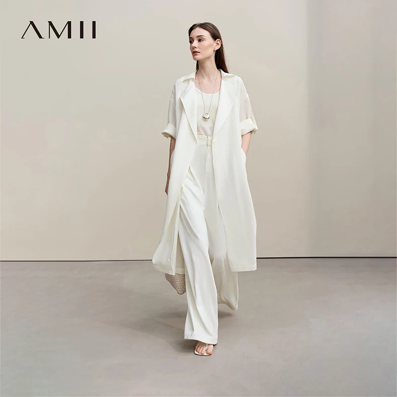 Płaszcz damski Amii, trencz, wiosna 2026, nowy model z klapami, obniżone ramiona, rękawy typu drop shoulder, jednolity kolor, casualowy, dwustronny, długa kurtka 12641077