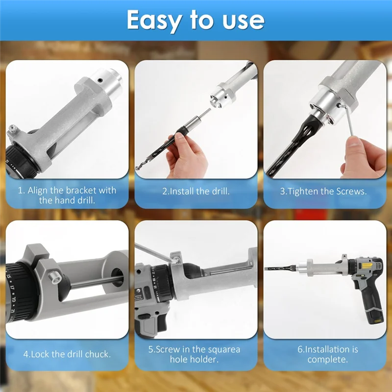 THIVN-Square Hole Drill Bit Adapter With Drill Bits, Mortising Attachment, Aluminum Hole Drill Mounting Bracket, Drill Fixing