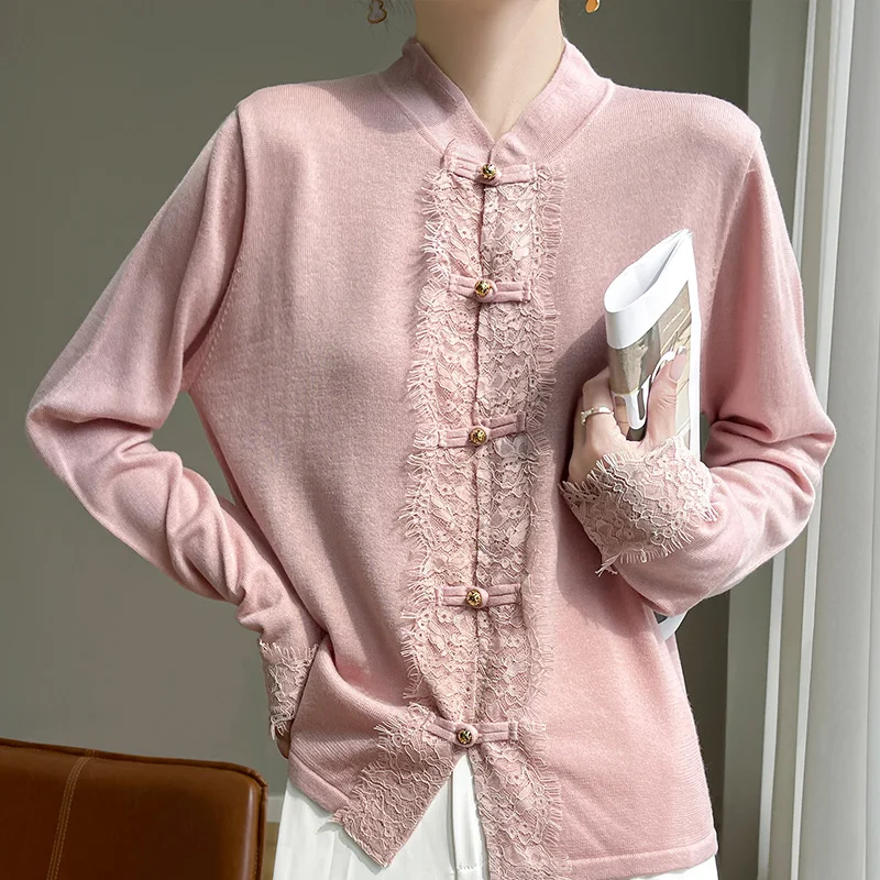 100% Merino Wool Spring new women's sweater half turtleneck Cardigan Fashion worsted Chinese style warm base knit shirt