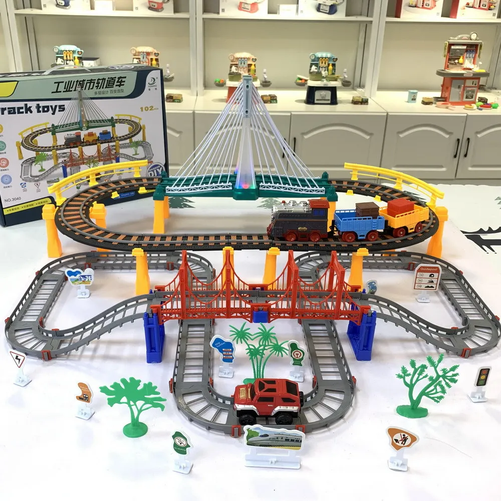 102pcs Multifunctional Kids Electric Train Rail Car Set Multi-Layer Traffic Light Overpass Puzzle Building Boy Girl Gift  B021