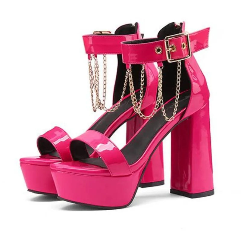 Women Summer Candy Colors Green Super High Heel Fashion Peep Toe Block Heels 12.5cm Platform Ankle Chain Buckle Straps Sandals