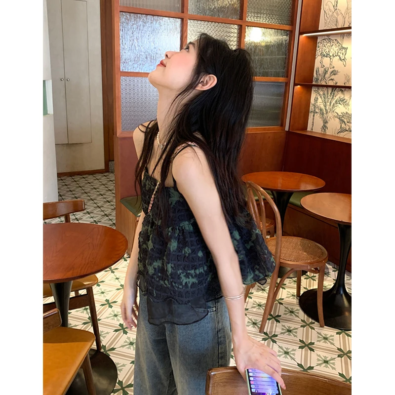 Retro Floral Tie Dye ort Svel Vest Top Women's Summer Faion Sweet Princ Sle Polyester Blend Straight Cut T-irt