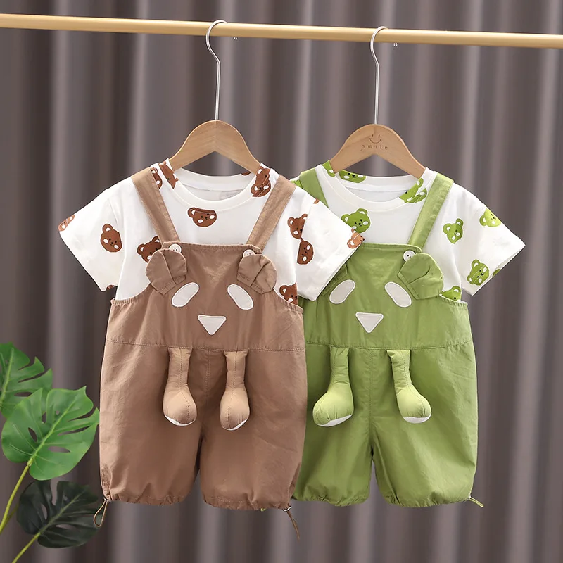 

Summer Designer Baby Boy Luxury Clothing Muslin Suit for Children Cartoon O-neck Short Sleeve T-shirts and Overalls Kids Sets