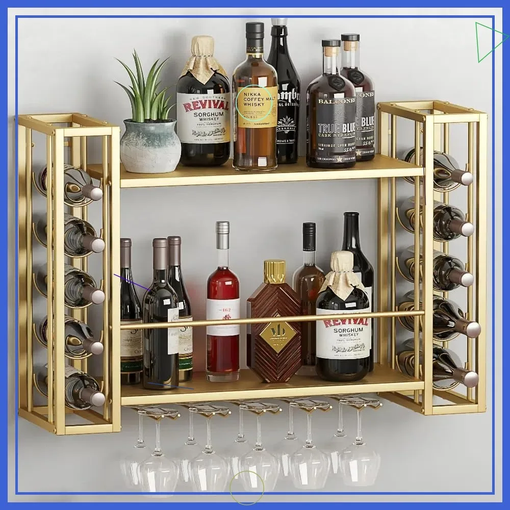 

2-Tier Wall Mounted Wine Rack with Glass Holder, Gold Multi-Functional Shelf for Home Bar Storage (31.5" x 9.8" x 21.6")