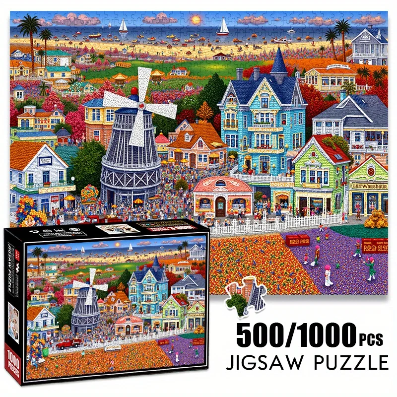 Papieren puzzel van 500/1000 stuks - Charmante windmolen en kleine stadsscène, krasbestendig, senior-vaardigheidsniveau, rechthoekig sha