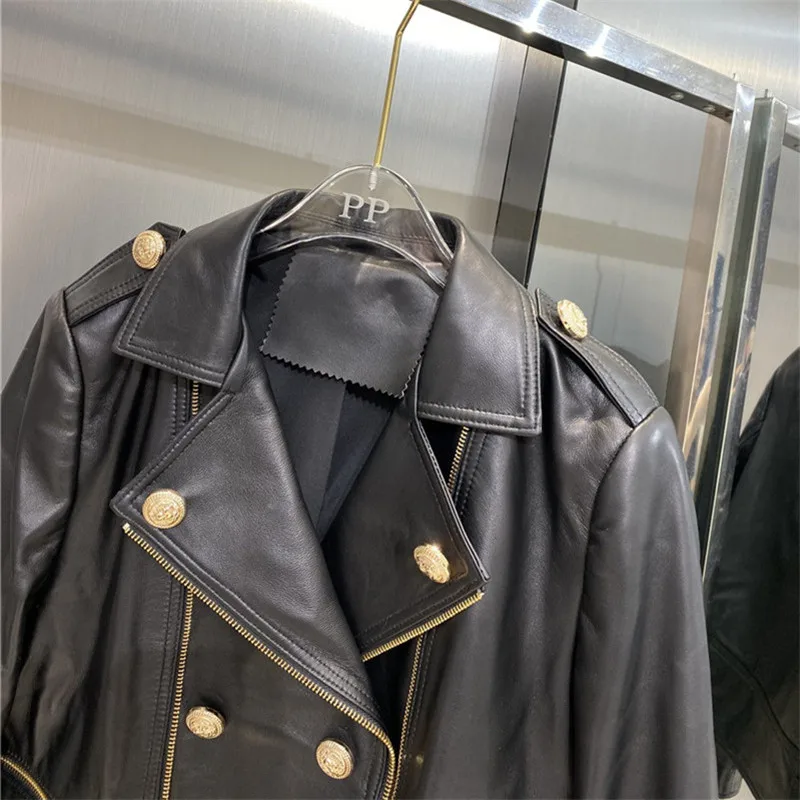 Blouson d'automne en cuir véritable pour femme, noir, avec fermeture éclair, double boutonnage, peau de mouton, motard, 2023