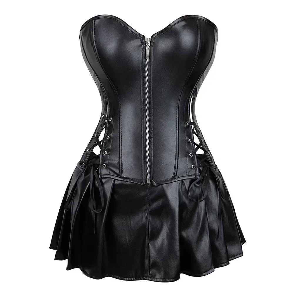 PU Leather Corset Dress Lace up Zipper Sexy Women Bustier Top with Mini Skirt Set Overbust Burlesque Costumes Body Shaper