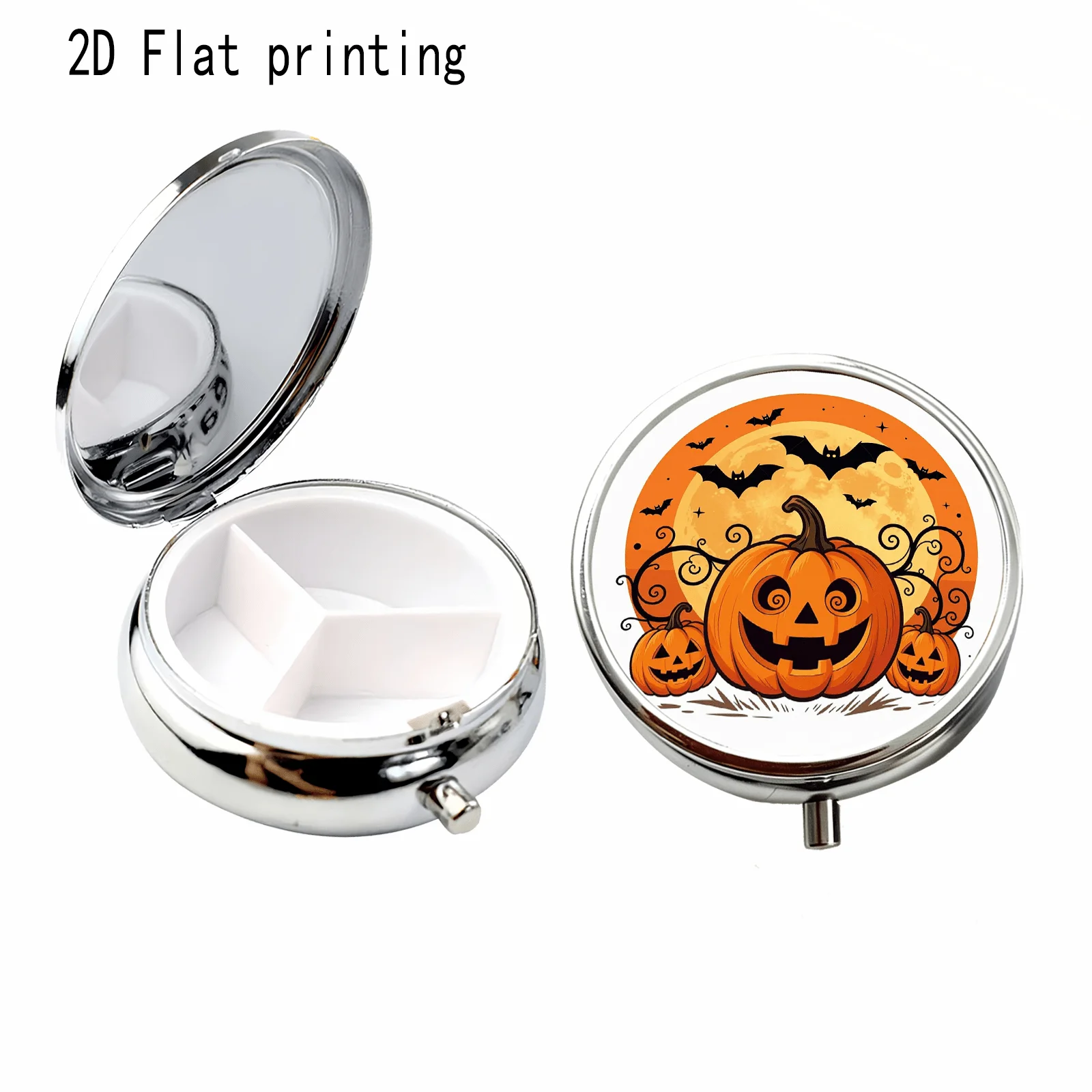 1Pc Flat Halloween Pumpkin Bat Full Moon Scroll Pattern Design, Round Three-Compartment Small Pill Box, Portable Medicine Storage, Small Jewelry Organizer, Suitable for Handbags or Travel, Holiday Gifts, Souvenirs, Prizes, Small Gifts, for Personal Use or as an Exquisite Gift