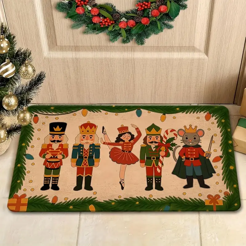 VIKAMA Nutcracker Doormat, Three Soldiers Ballerina Mouse Pine Lights Edge Mat, Christmas Front Door Welcome Mat