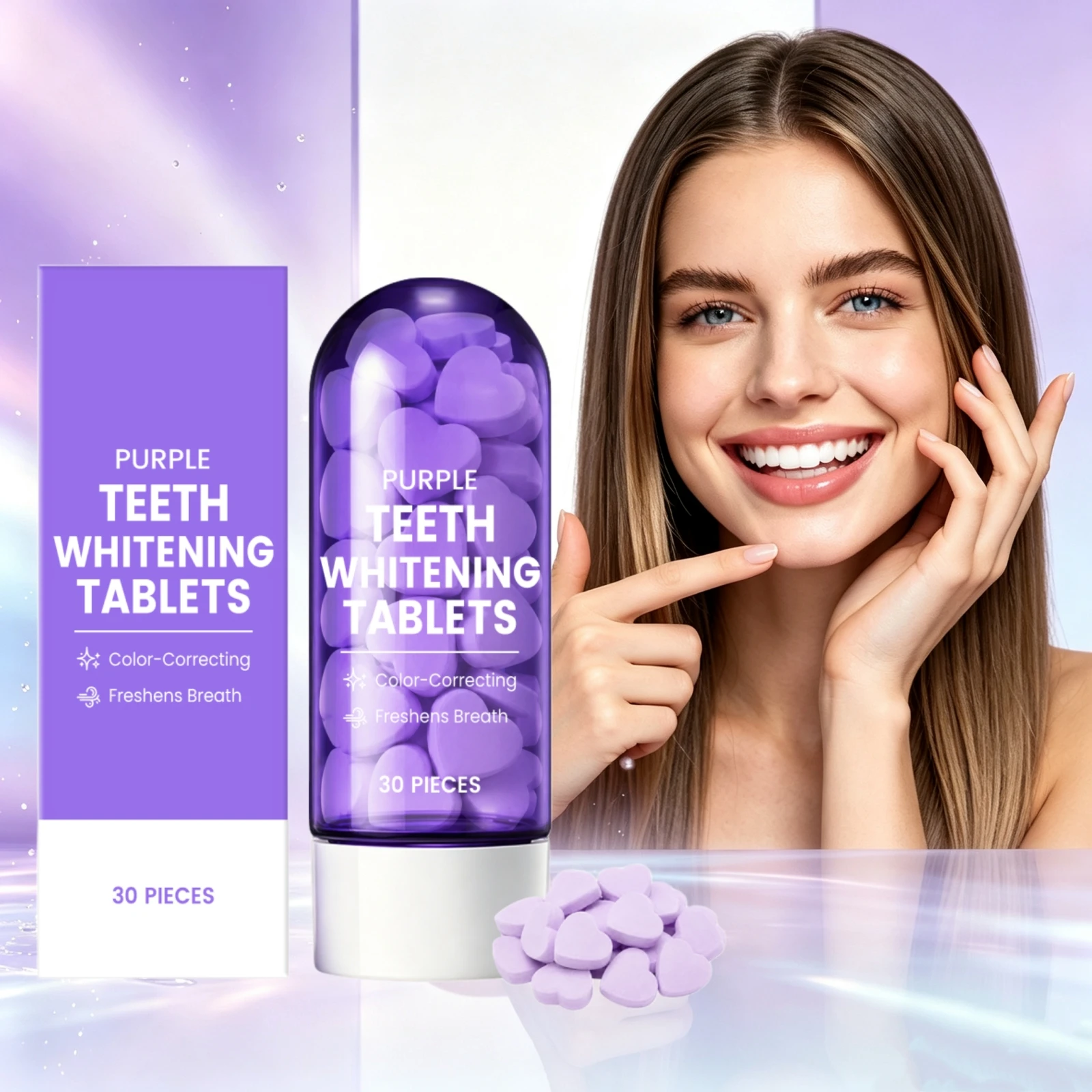 Purple Teeth Whitening Tablets Heart Shape Color Correcting Anti Yellow Daily Fresh Oral Care Brighten Tooth Toothpaste Tablets