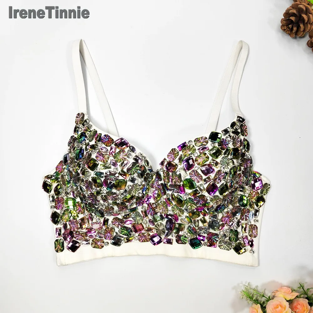 

IRENE TINNIE 2023 Summer Fashion Collouful Rhinestones Corset Glitter Diamonds Crop Top Women Party Clubwear Festival Clothing