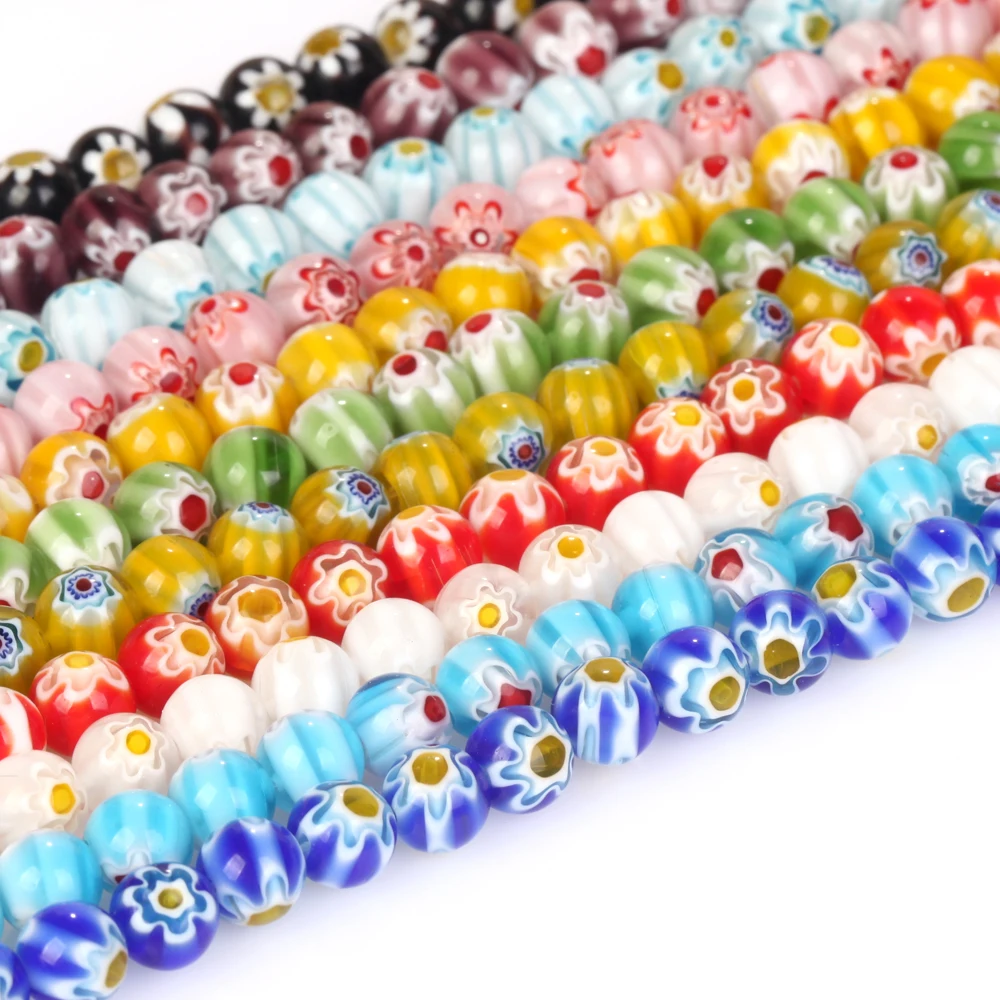 8mm Natural Colorful Glazed Lampwork Flower Patterns Round Spacer Loose Beads Crafts for DIY Jewelry Making Bracelet Necklace