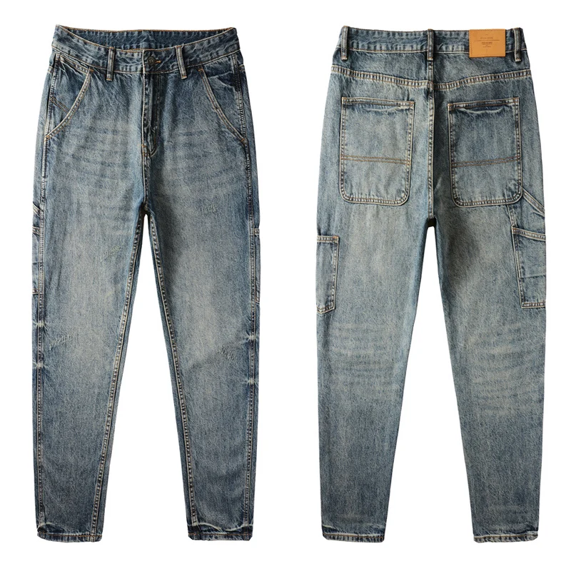 Pantalones vaqueros Retro azules para hombre, Vaqueros informales con múltiples bolsillos, pantalones de pierna ancha, Jeans sueltos de Hip-Hop de moda urbana, Jeans rectos calientes