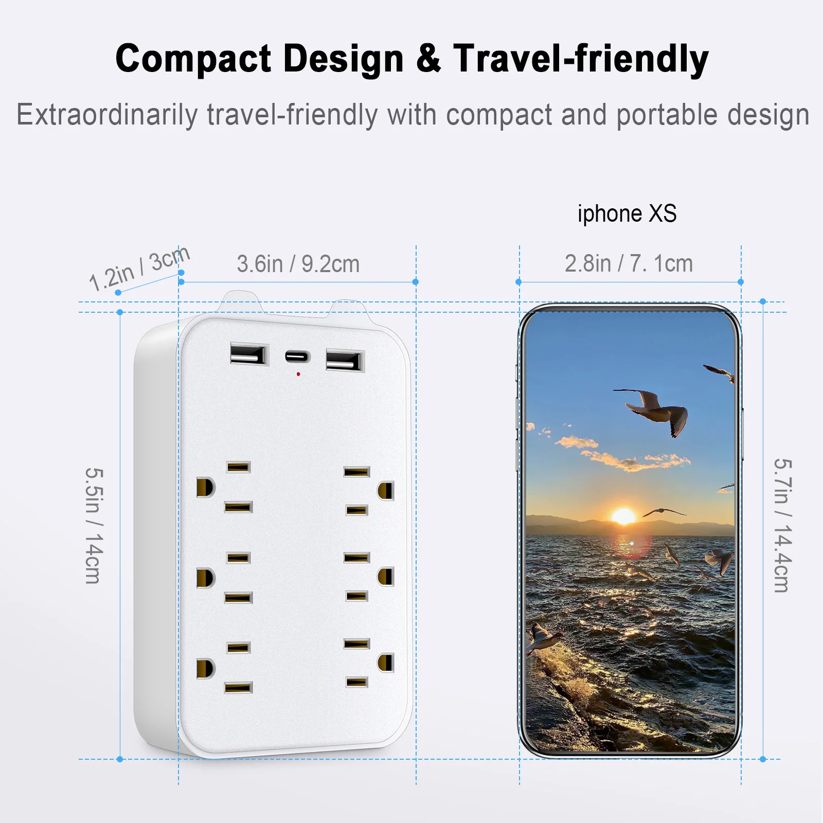 USB Wall Charge  Surge Protector Power Strip with USB Multi Plug Outlets Wall Adapter 9-in-1 with 6 Outlets 2 USB & 1 USB-C