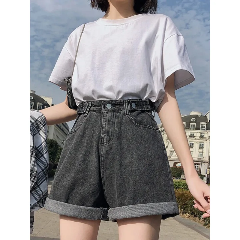 

2024 New Summer Women High Waist Button Wigh Leg Jeans Shorts Casual Female Loose Fit Blue Denim Shorts