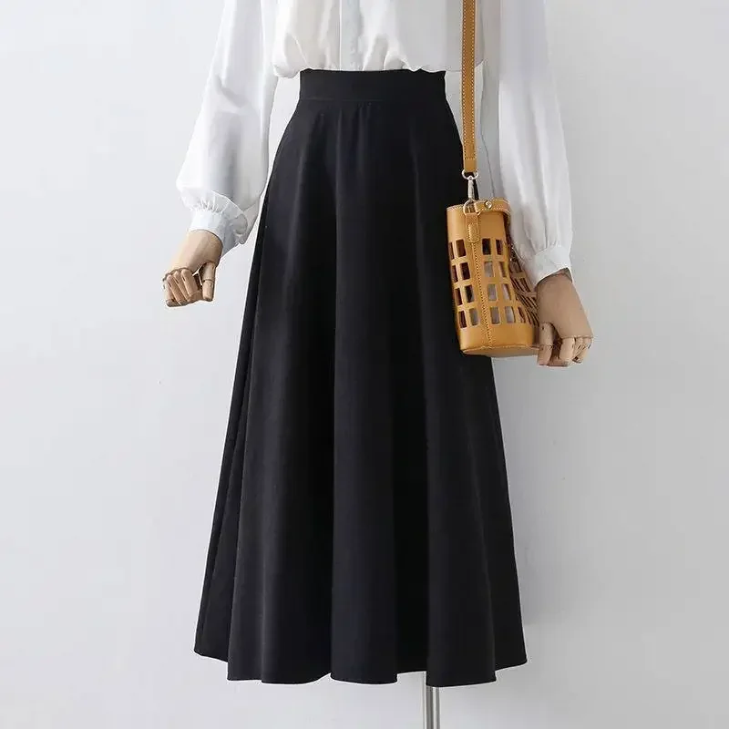 

Black Long Skirt Women 2023 Autumn Fashion Elegant Vintage High Waist A-line Midi Length Swing Skirt Office Lady Casual F65