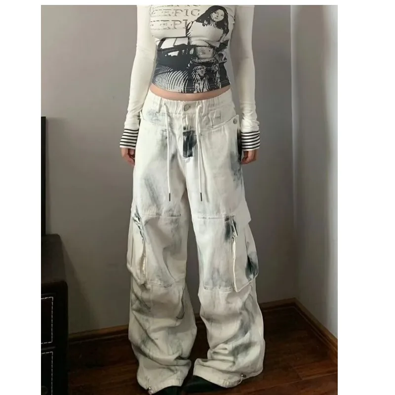 جينز نسائي واسع جينز نسائي سبان شوجو فتاة نمط الدنيم الطبقة السراويل البيضاء جان Y2k Coquette ملابس امرأة السراويل عالية الخصر