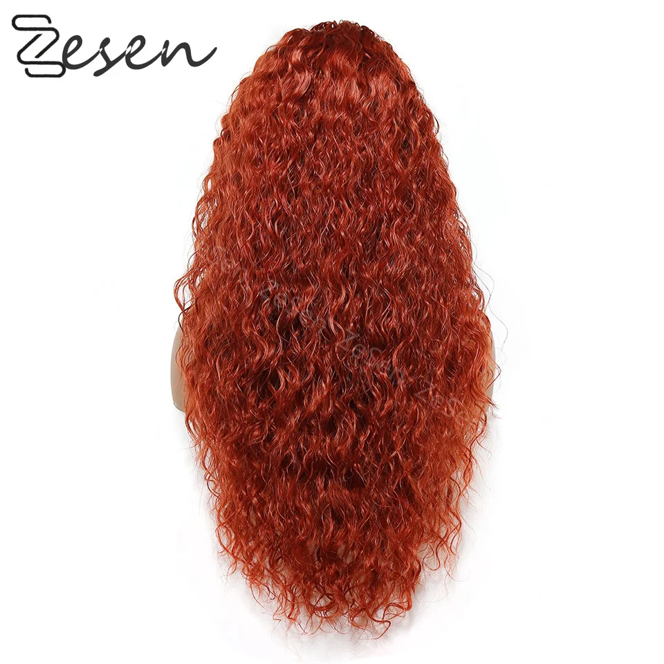 26 Inches Gember Oranje Lange Losse Krullend Synthetische Pruiken Lace Front Pruik Voor Zwarte Vrouwen Diepe Golf Dagelijks Cosplay Warmte slip