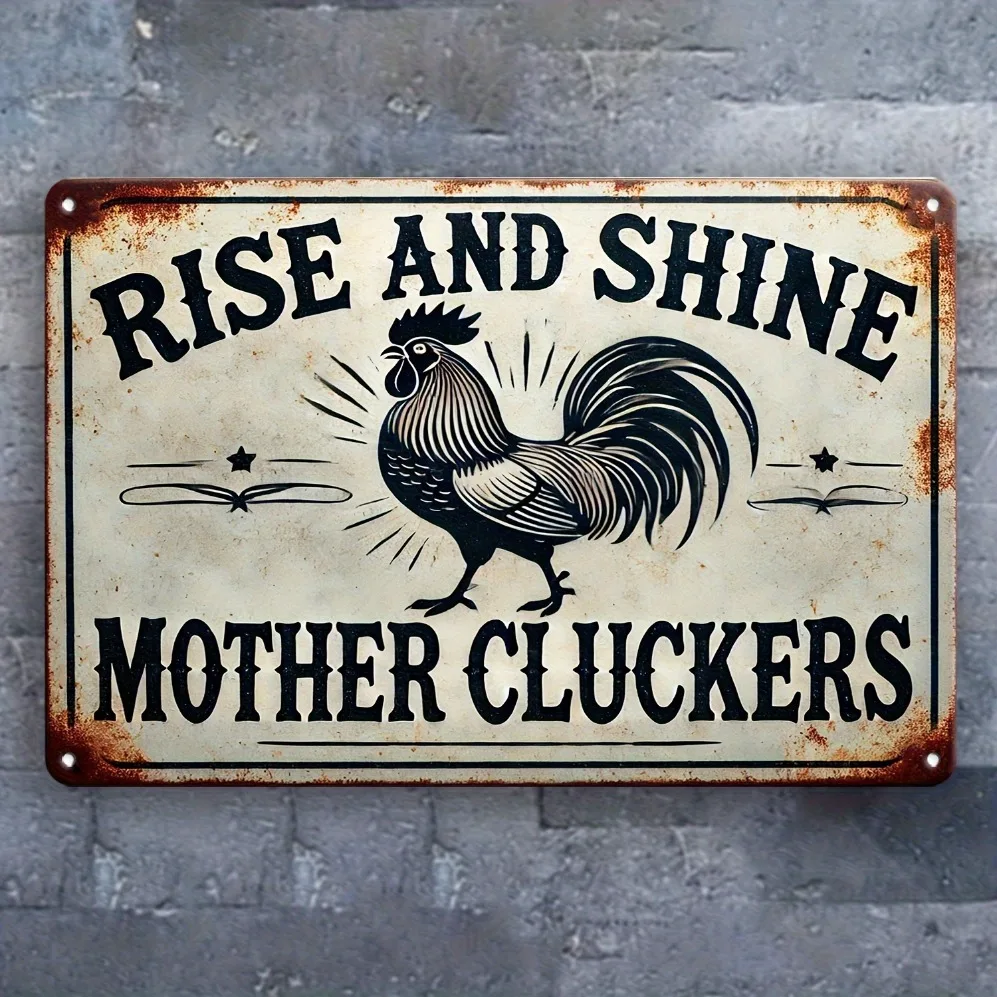 Rise and Shine Mother Cluckers" تصميم عتيق مضحك - فن جداري للمزرعة الريفية مع الديك وأشعة الشمس | متين داخلي #3