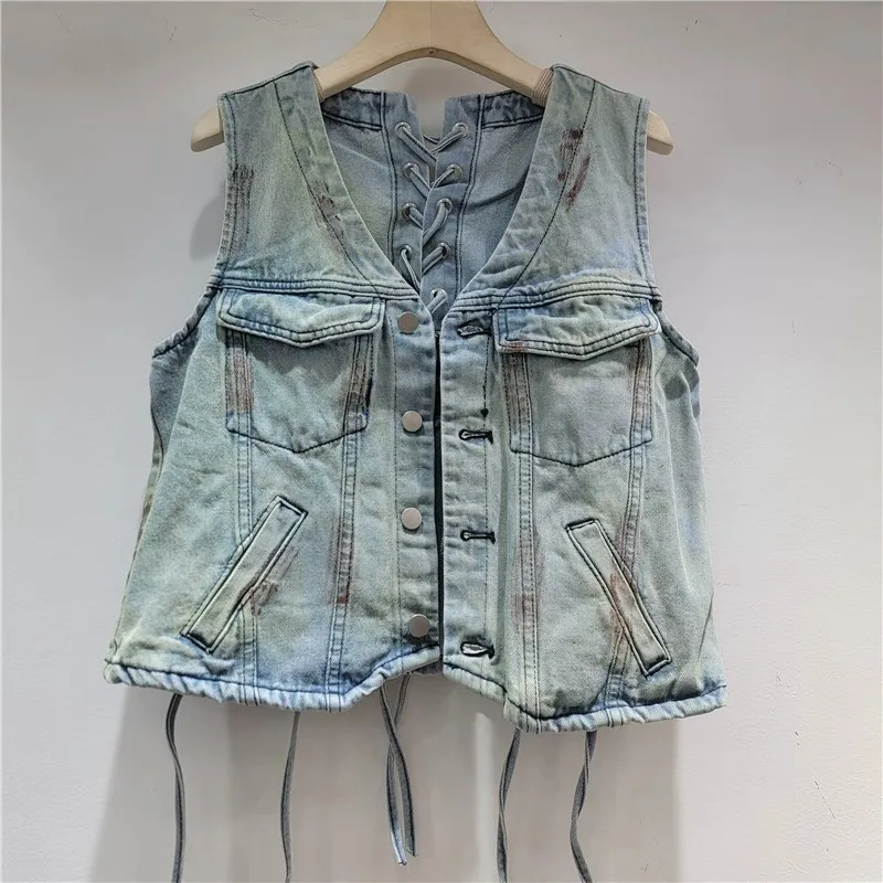 

Fashion Graffiti Printing Lace-Up Light Blue Short Denim Vest V-Neck Single-Breasted Sleeveless Cowboy Waistcoat Autumn New
