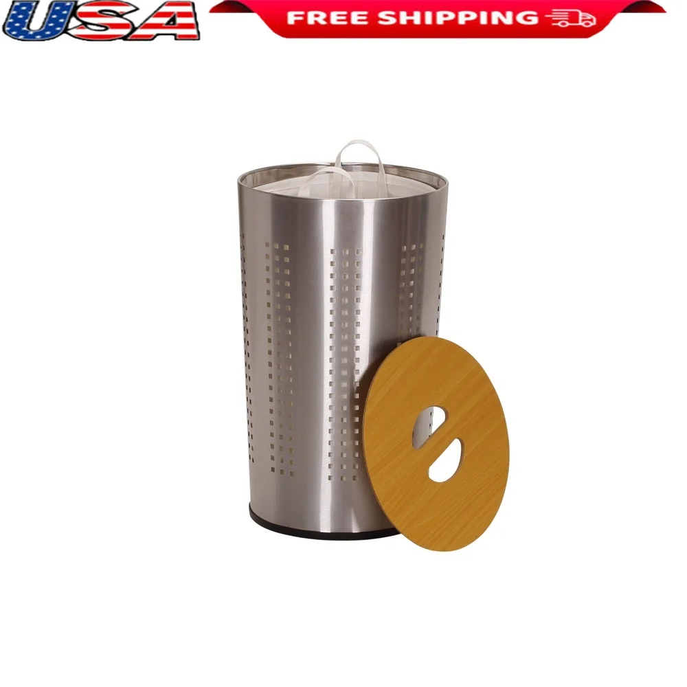 

Round Stainless Steel Laundry Hamper with Wooden Lid Ventilated Design Durable Storage Solution Home Dorm Apartment Organizer