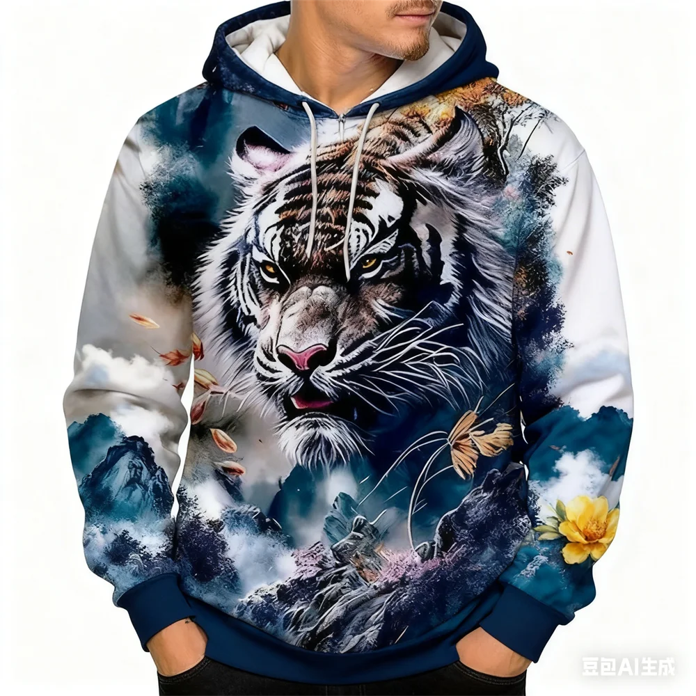 

Funny 3D Tiger Print Hoodies For Men Fashion Animal Pattern Oversized Sweatshirts Autumn and Winter Casual Pullover y2k Clothes
