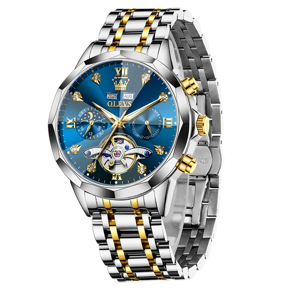 OLEVS الأصلي أزياء الرجال التلقائية الميكانيكية ووتش القمر المرحلة تاريخ الفولاذ المقاوم للصدأ للماء العلامة التجارية الأعلى توربيون الساعات #3
