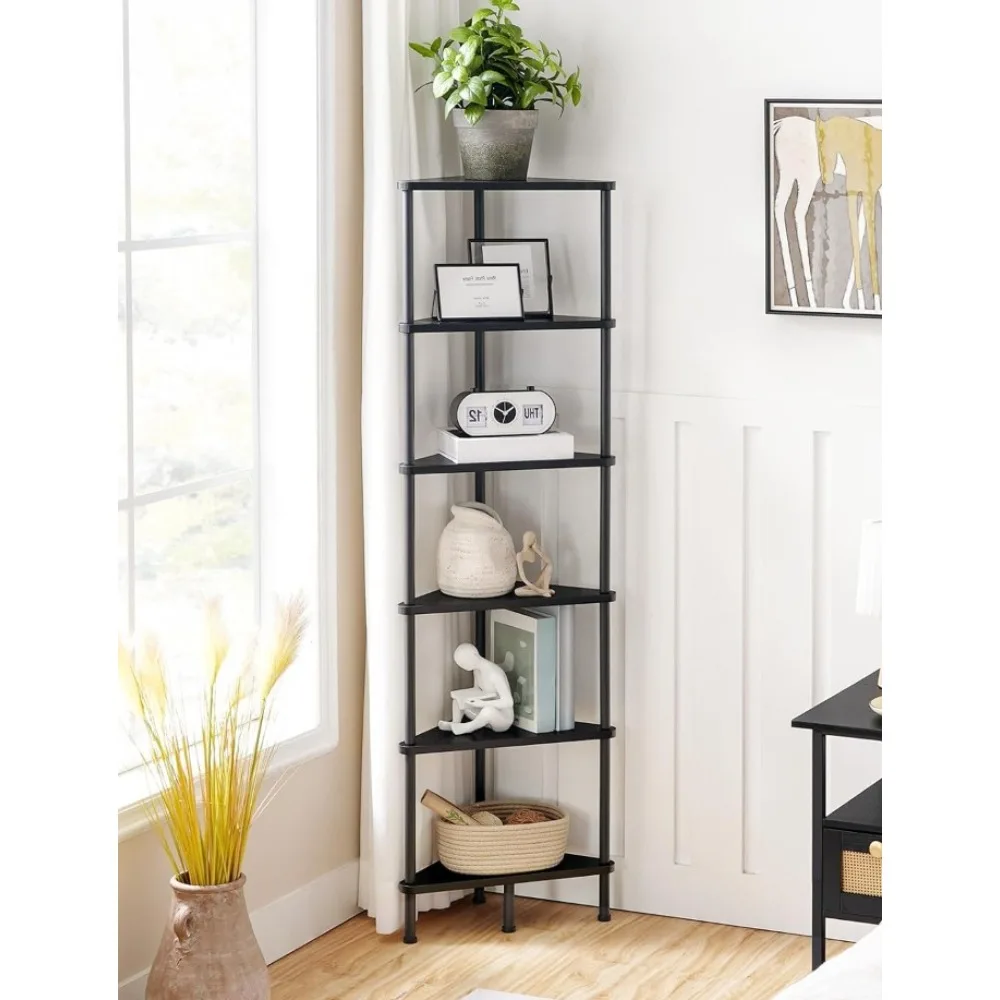 Corner Bookshelf, 6-Tier Wall Bookshelf with Metal Frame, Shelf Stand Display Plant Flower, Corner Bookcase