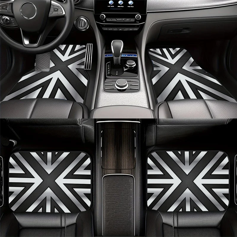 2pcs/4pcs Silvery And Black Metallic Texture Union Jack Themed Car Floor Mats, Universal Car Interior Mats, Durable, Mother's Da