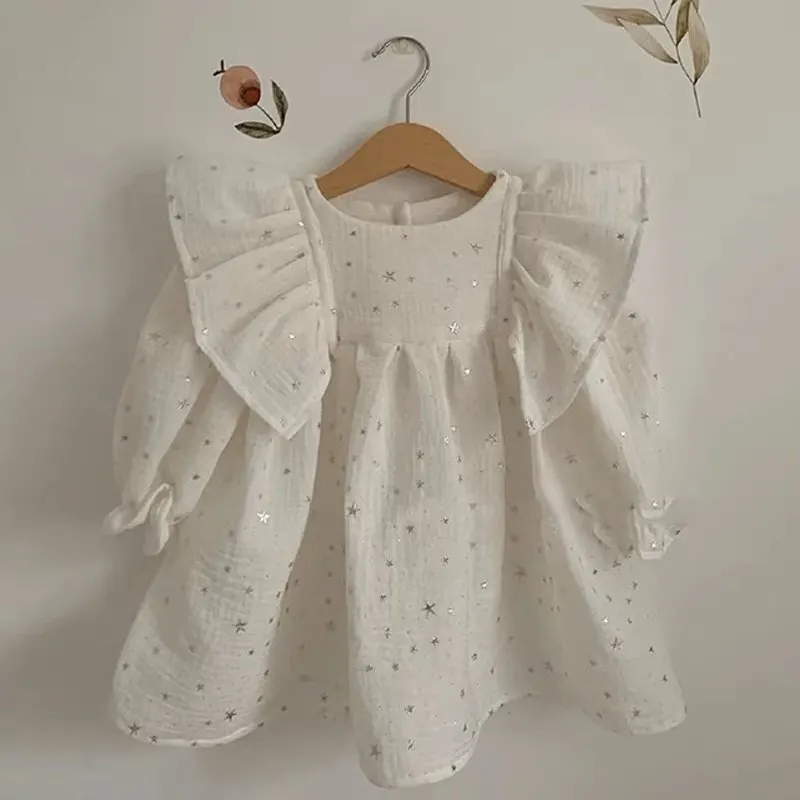 Baby Girl Princess Cotton Star Bling Dress Infant Toddler Long Flared Sleeve Ruffle Vestido Party Birthday Baby Clothes 12M-5Y